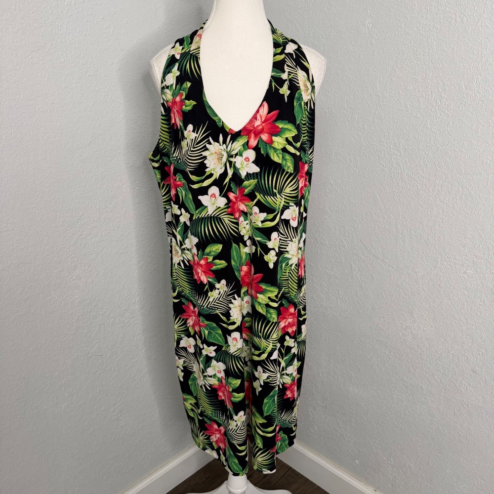 Tommy Bahama Womens Large Black Tropical Floral Halter Midi Dress Red Hibiscus